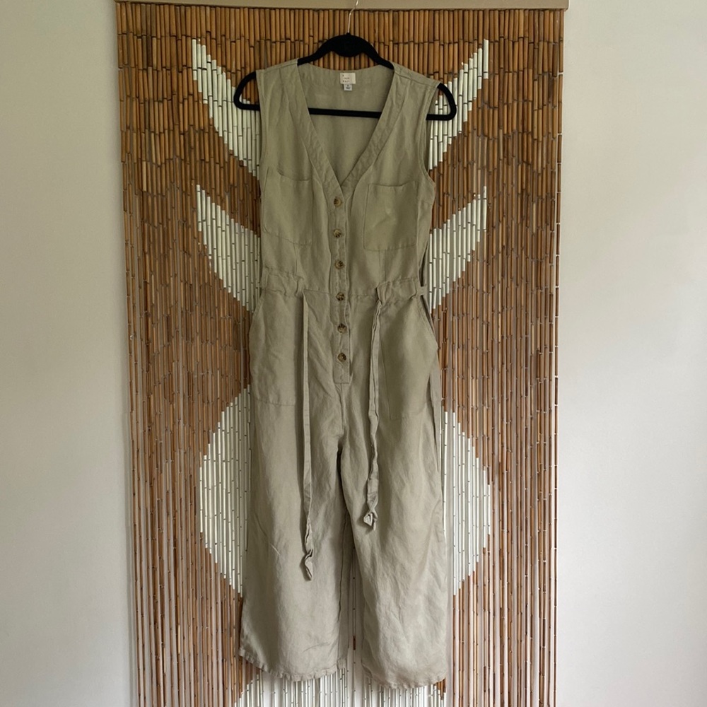 A New Day Linen Jumpsuit Tan button down wide leg